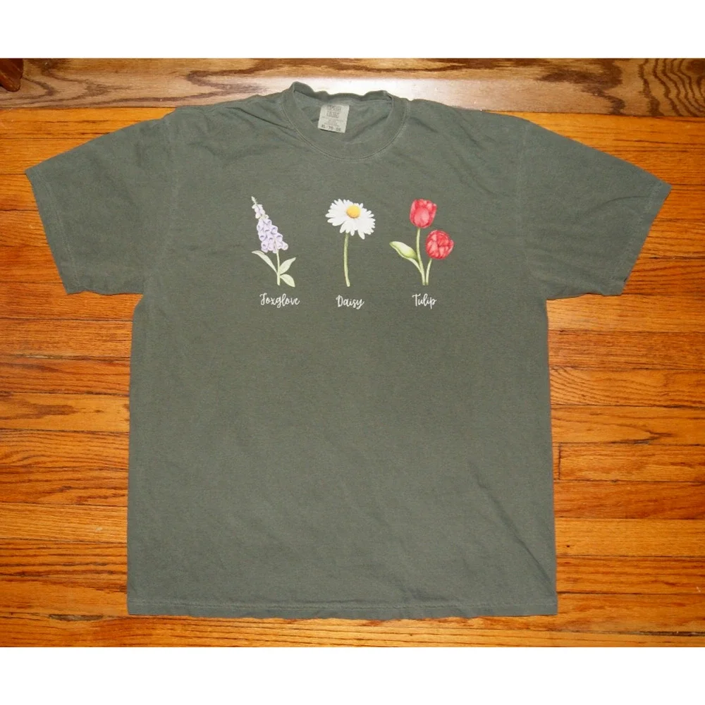 Foxglove Daisy Tulip Flower Screen Print Olive Green XL TShirt Comfort Colors - Picture 2 of 7